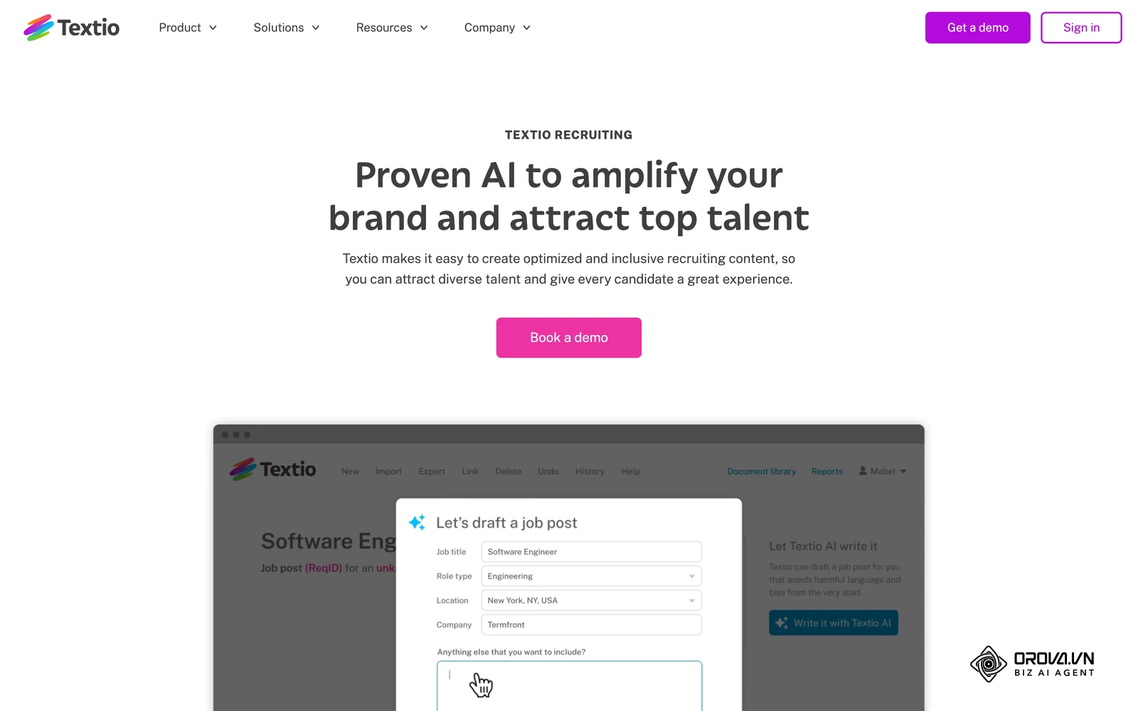 Textio's recruiting page showing its job post drafting interface, a tool that flags wording in job listings.