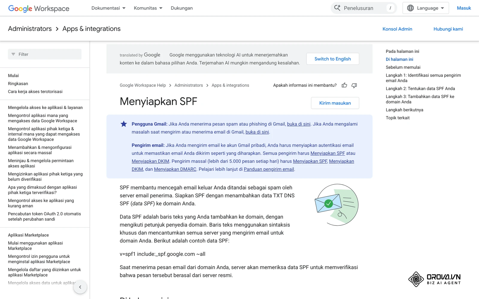 Halaman bantuan resmi Google Workspace "Menyiapkan SPF": contoh data TXT SPF yang ditambahkan ke DNS domain pengirim.