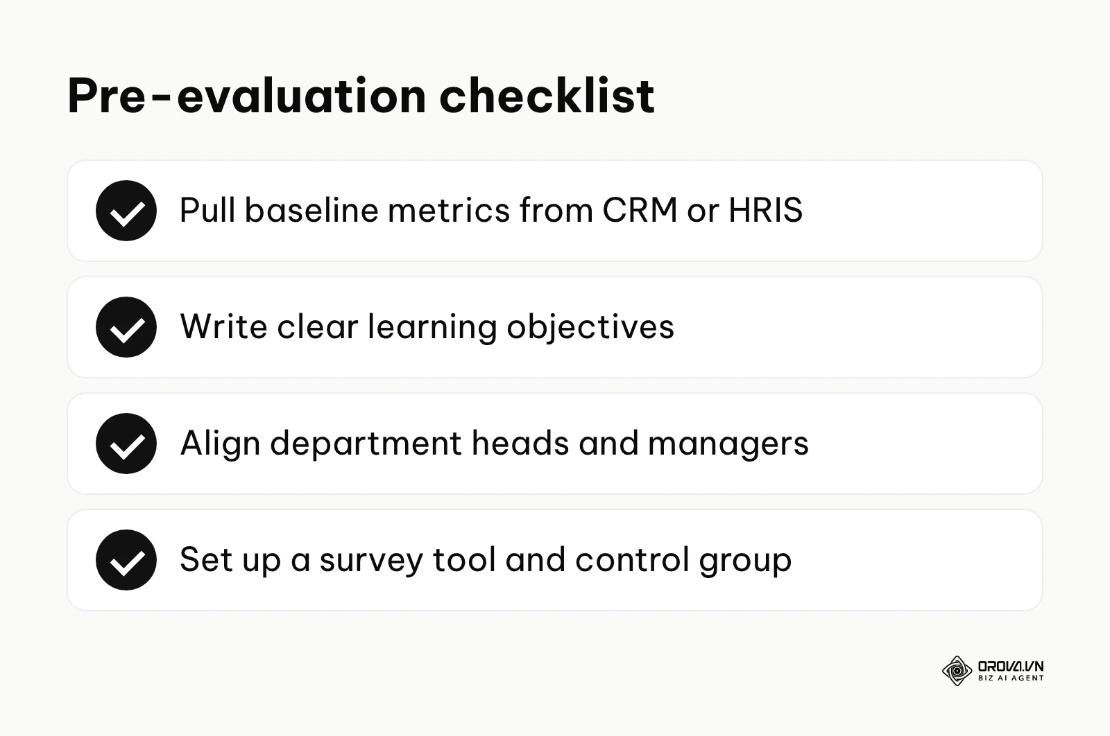 Summary checklist of what to prepare before starting a training evaluation.