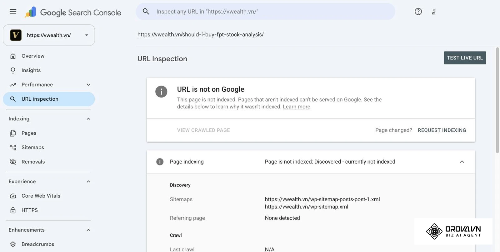 ผลตรวจสอบ URL (URL Inspection) ใน Google Search Console ของบทความหนึ่งบน vwealth.vn: Discovered - currently not indexed