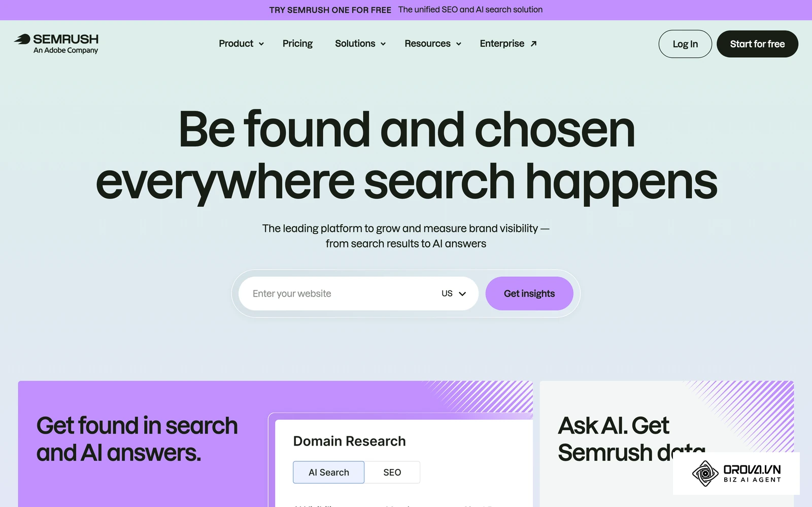 หน้าแรกของแพลตฟอร์ม SEMrush สำหรับการวิเคราะห์คำค้นหา ข้อมูลคู่แข่ง และภาพรวมการตลาดออนไลน์