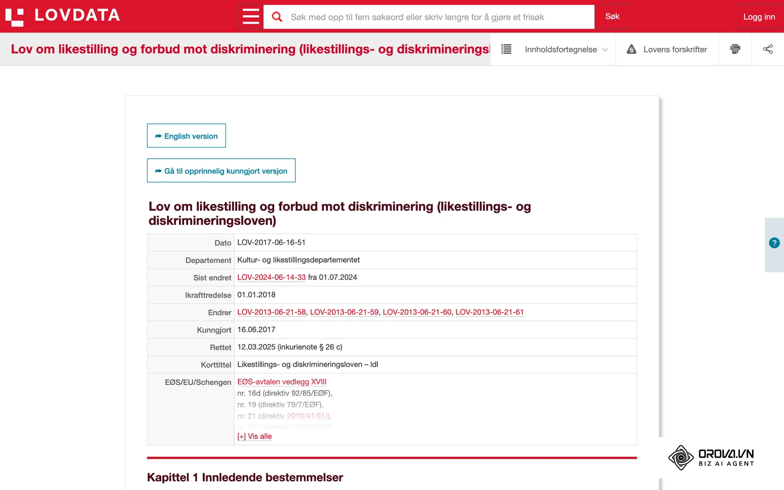 Likestillings- og diskrimineringsloven på Lovdata, der § 29 og § 30 om arbeidsforhold og ansettelsesprosesser står i lovteksten.