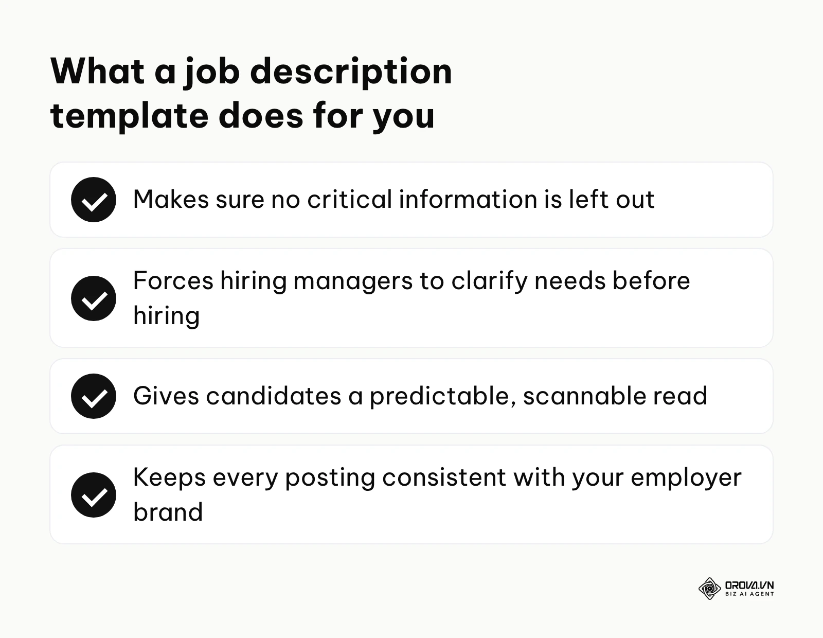 Four benefits of using a job description template: nothing omitted, clearer needs, scannable for candidates, consistent employer brand.