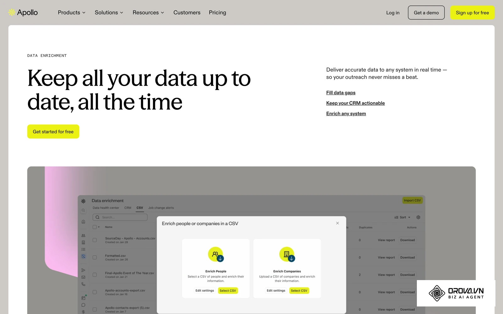 Apollo's data enrichment product page, showing how enrichment tools fill in missing contact fields on account records.
