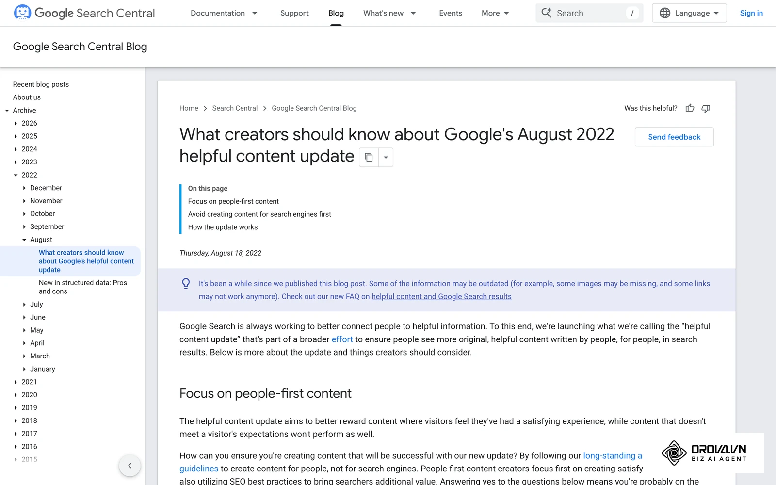 អត្ថបទប្លុកពិតនៅលើ Google Search Central Blog អំពី Helpful Content Update៖ ចំណងជើងច្បាស់ កាលបរិច្ឆេទបោះពុម្ព តារាងមាតិកា "On this page" និងកថាខណ្ឌបើកដែលឆ្លើយសំណួរភ្លាមៗ គឺជារចនាសម្ព័ន្ធដែល SEO blog post គួរមាន
