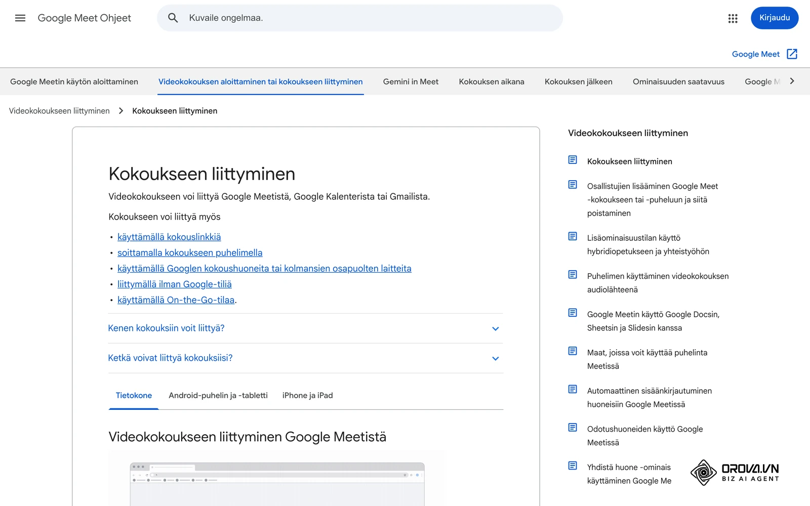 Google Meetin virallinen suomenkielinen ohje kokoukseen liittymisestä, myös kokouslinkillä ja ilman Google-tiliä.