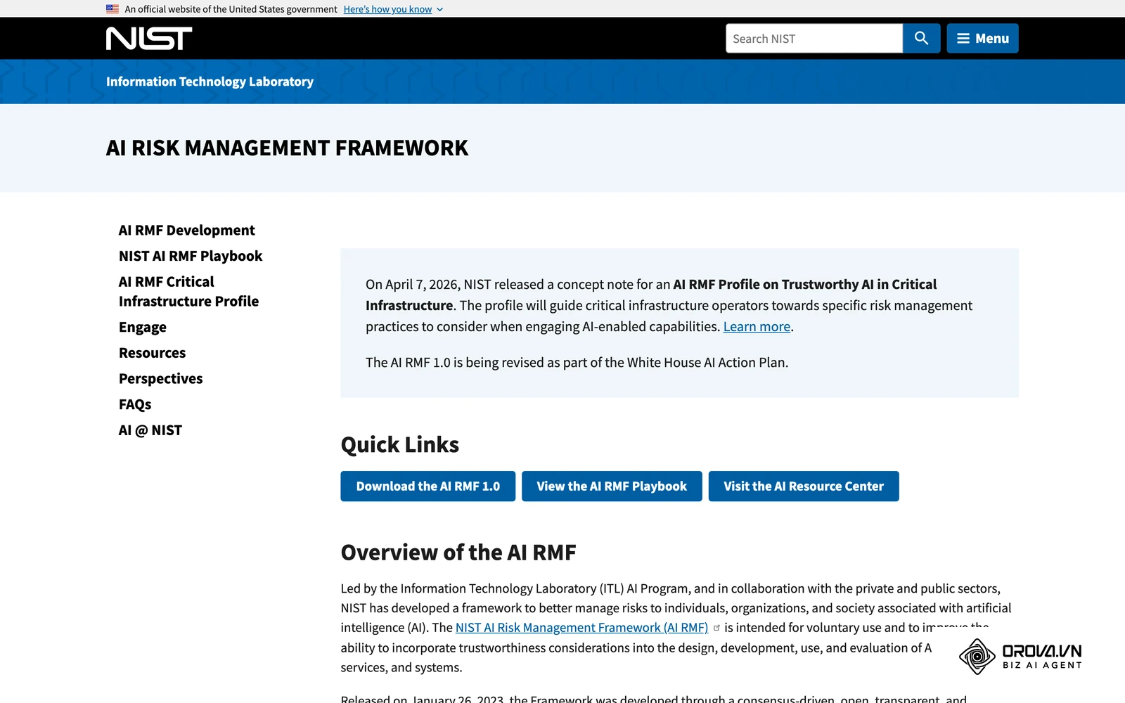 NIST's AI Risk Management Framework page is a public reference for managing risks such as inaccurate AI-generated output.