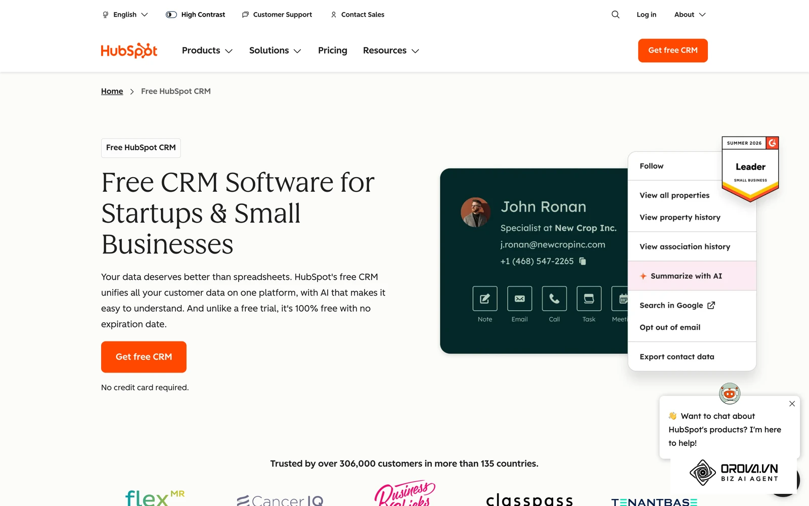 Trang giới thiệu HubSpot CRM, một lựa chọn để nối dữ liệu từ lúc khách để lại thông tin đến khi chốt đơn.