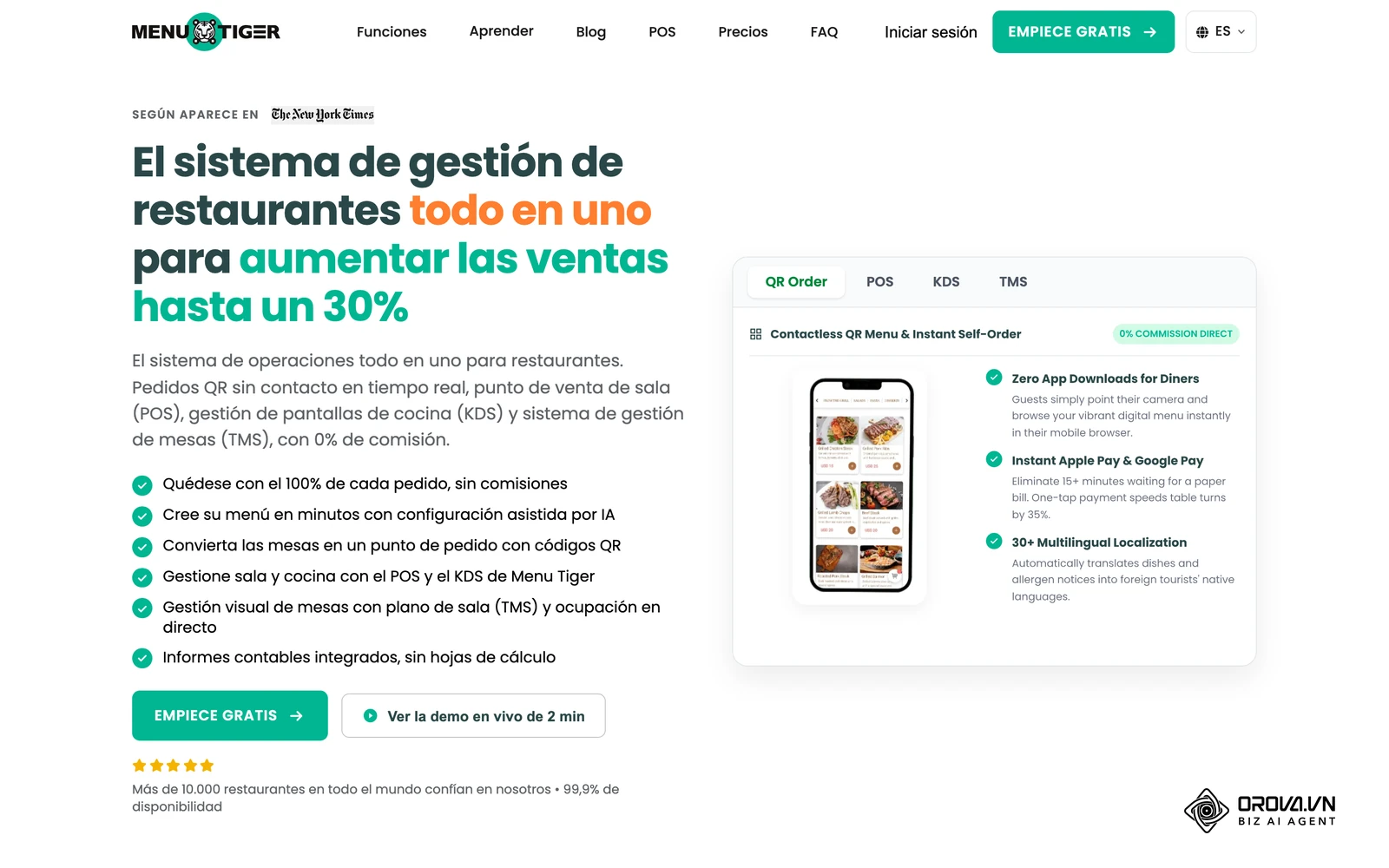 Página oficial de MENU TIGER: carta digital abierta en el móvil desde el código QR de la mesa, con categorías y fotos de platos.