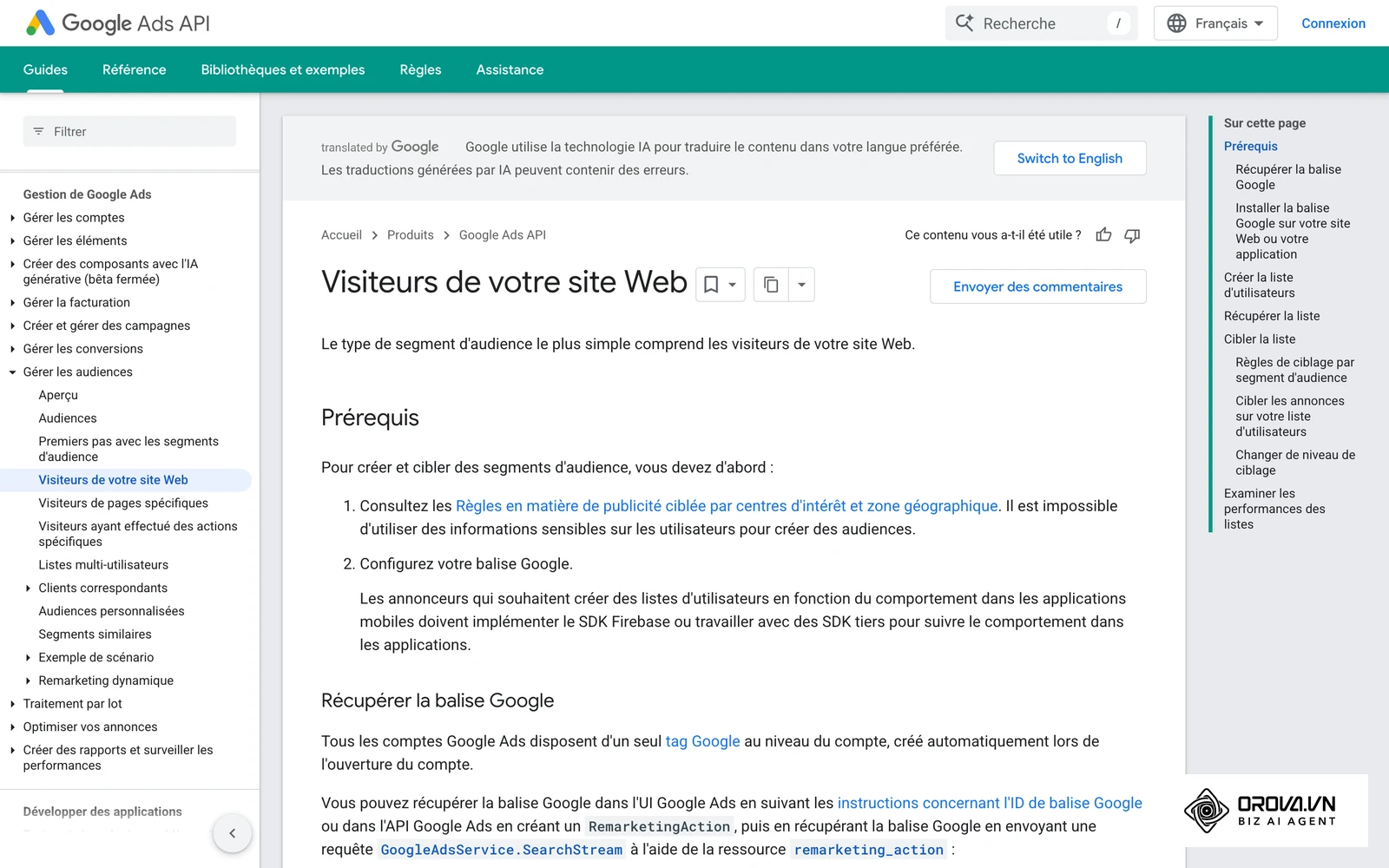 Documentation Google sur les segments construits à partir des visiteurs d'un site web.