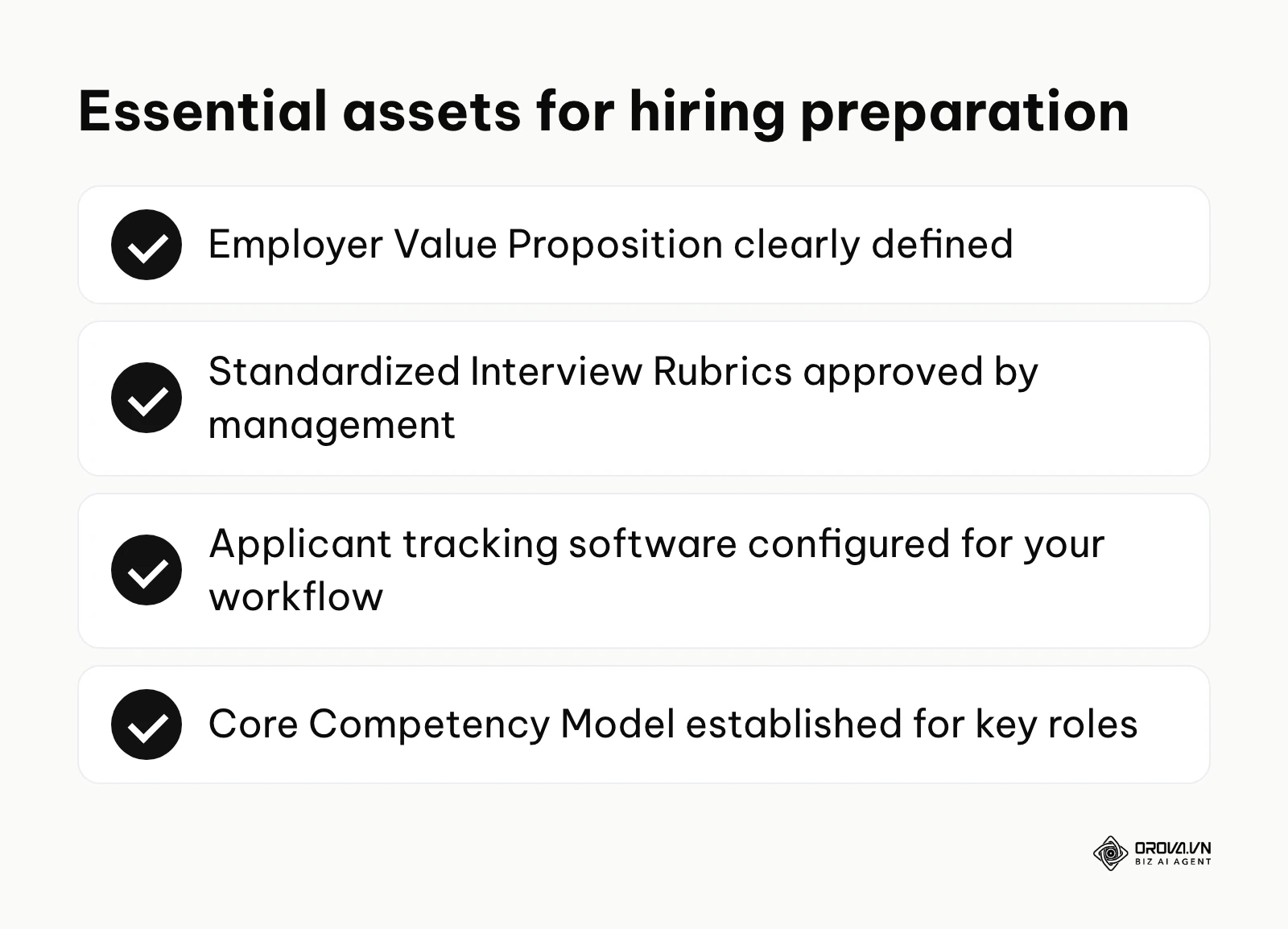 A summary checklist of foundational assets needed before starting the hiring process