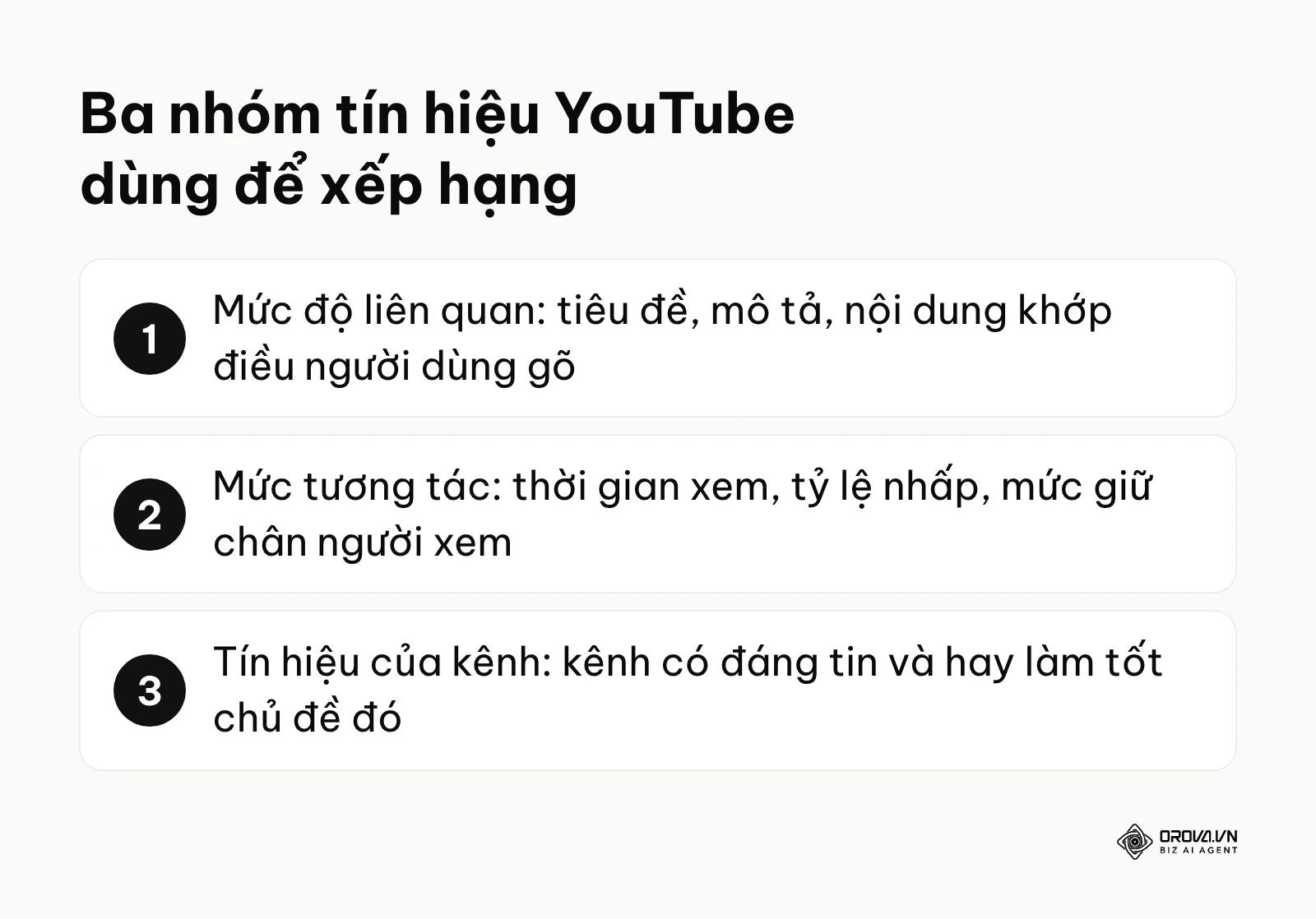 Ba nhóm tín hiệu xếp hạng của SEO YouTube: liên quan, tương tác, tín hiệu kênh