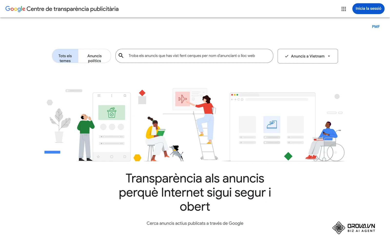Pàgina d'inici del Centre de transparència publicitària de Google, amb el cercador d'anuncis actius per nom d'anunciant o lloc web.