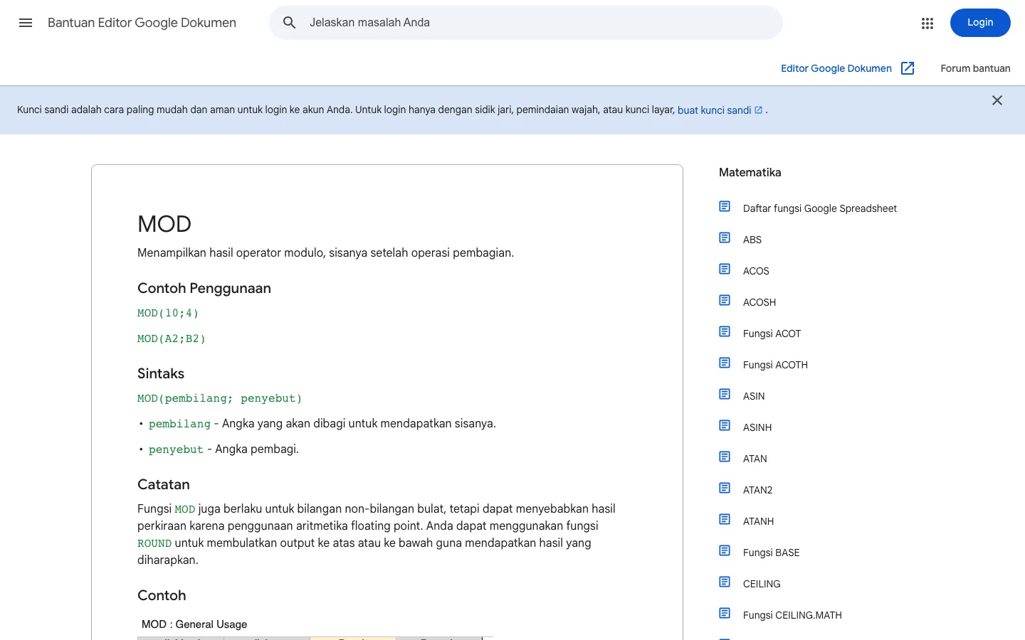Halaman bantuan resmi Google Spreadsheet (bahasa Indonesia) tentang fungsi MOD, yang dipakai untuk menghitung shift melewati tengah malam.