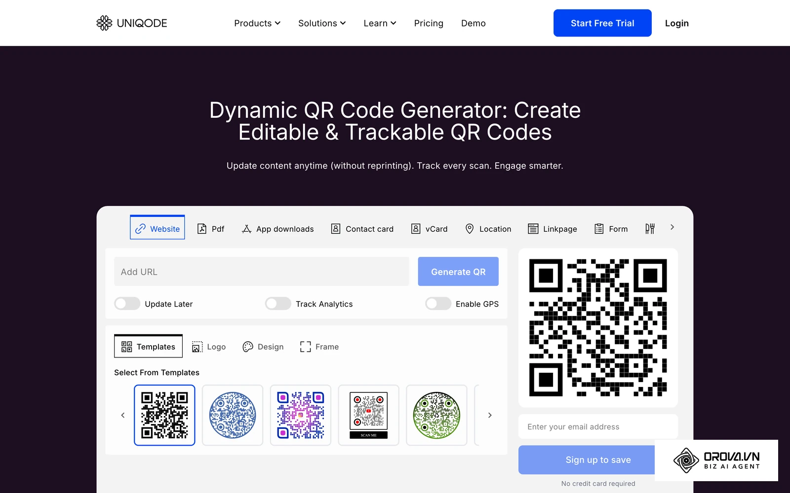 Page QR code dynamique d'Uniqode : suivi des scans et modification du contenu après impression.