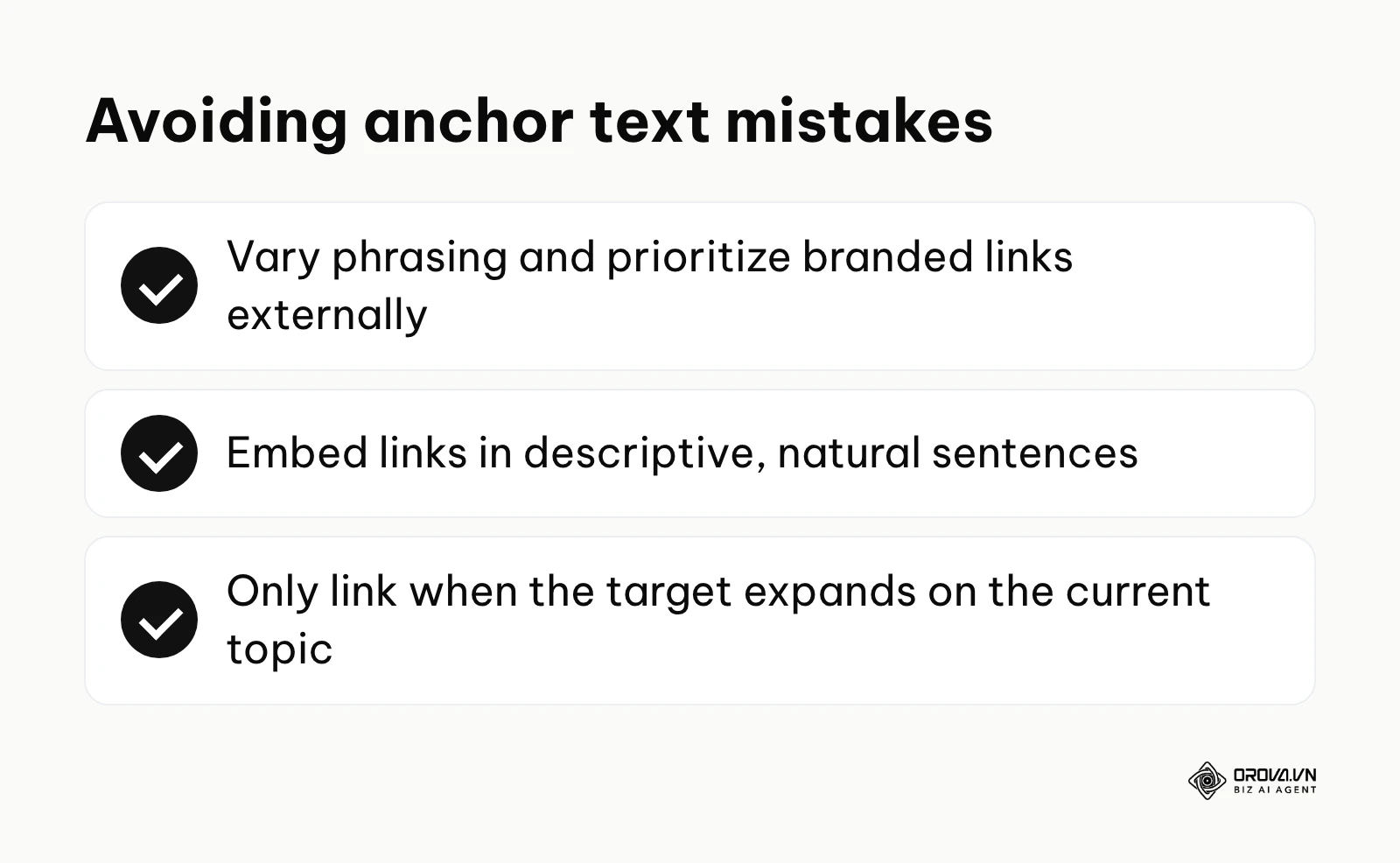 Checklist for avoiding keyword stuffing, bare links and irrelevant linking.