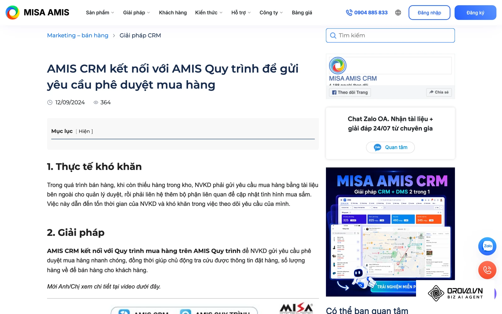 Trang giải pháp AMIS CRM trên website MISA, có ảnh giao diện phần mềm.