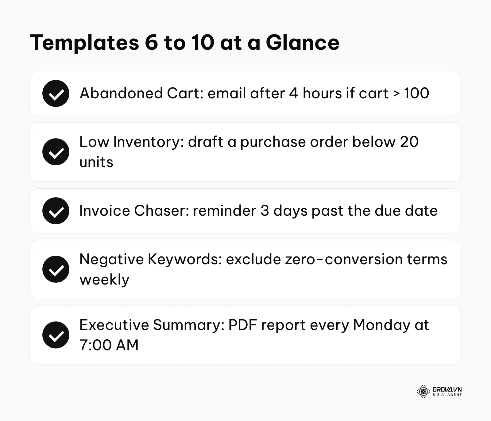 Summary of automated rule templates six to ten with their key conditions and actions.