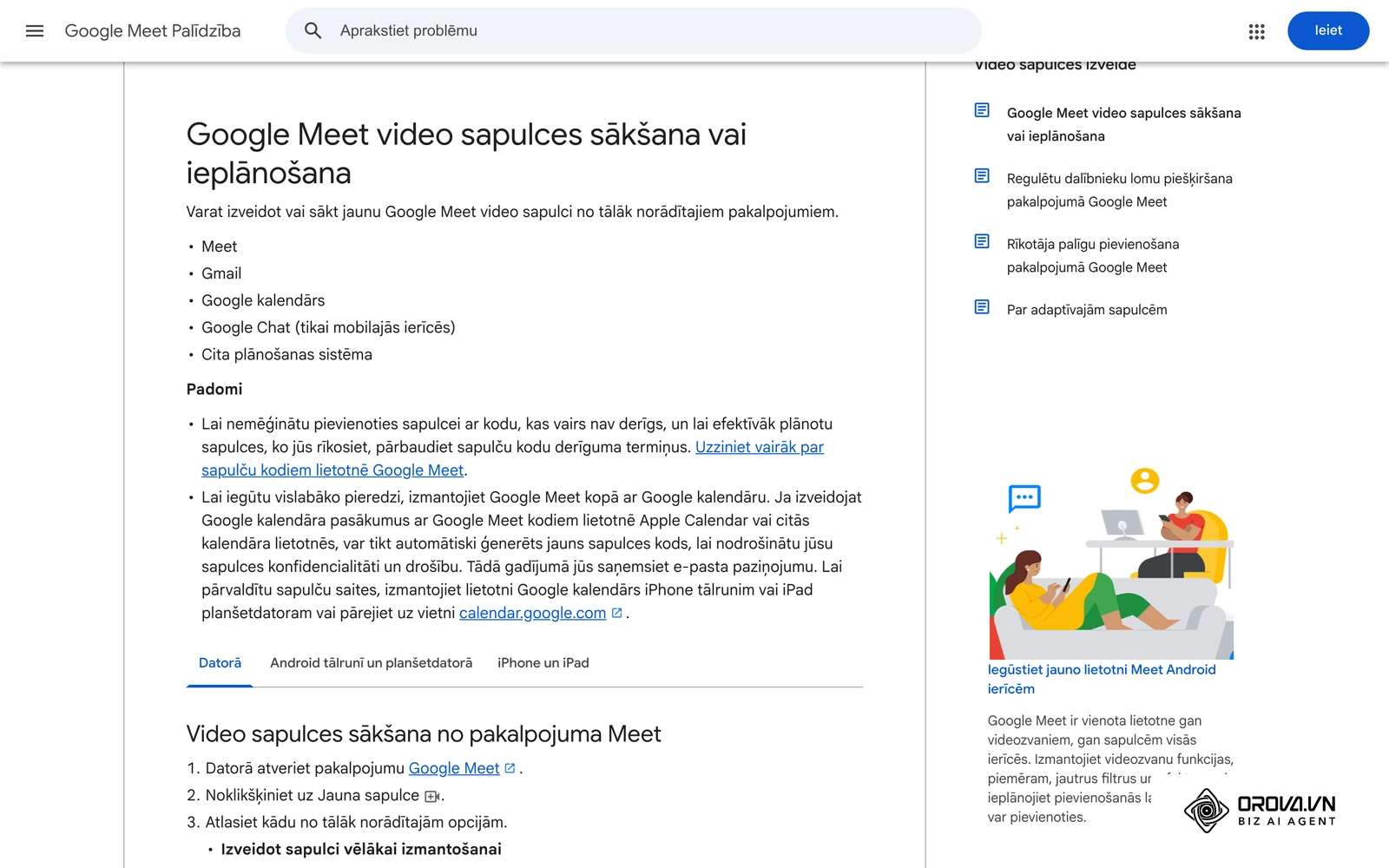 Google Meet palīdzības lapa latviešu valodā: kā sākt vai ieplānot video sapulci datorā.