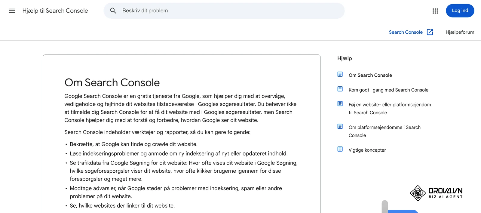 Googles danske hjælpeside Om Search Console med listen over værktøjer og rapporter i Search Console