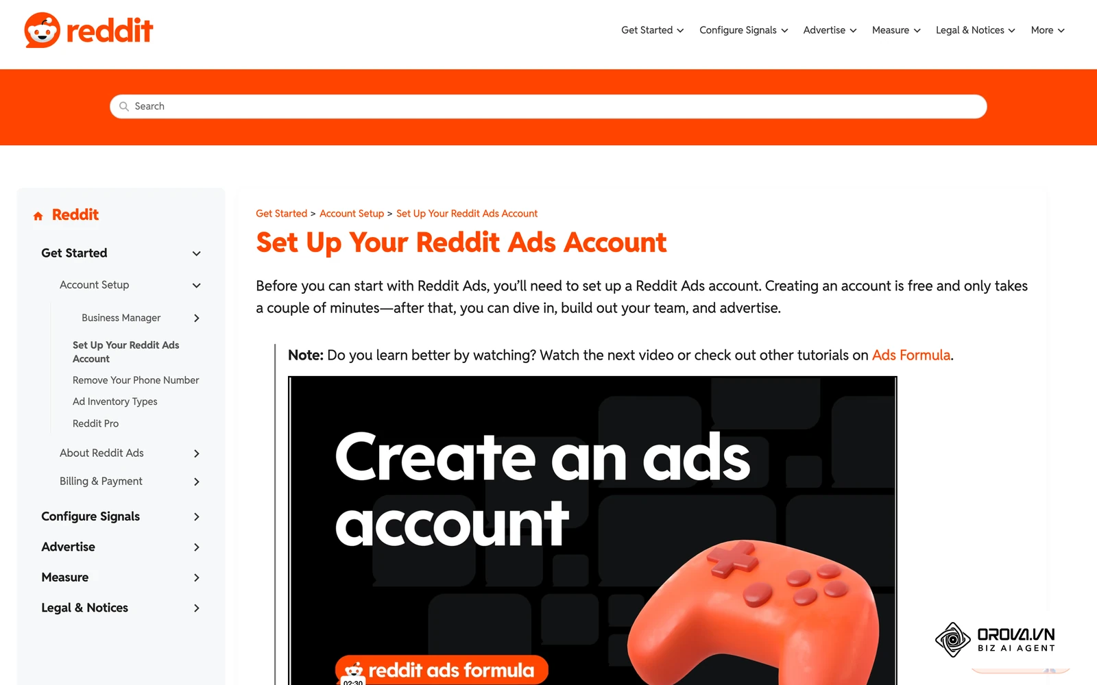 Reddit Ads help center page on setting up your Reddit Ads account, the first step before launching a campaign.