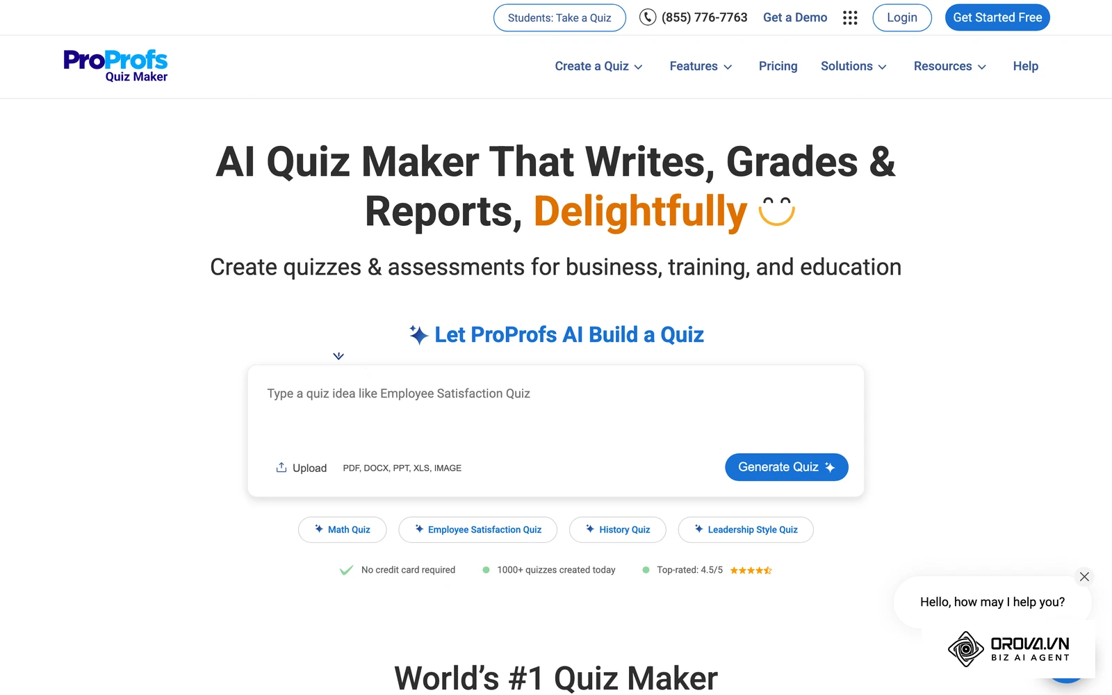 The ProProfs Quiz Maker page presents its quiz builder and templates.