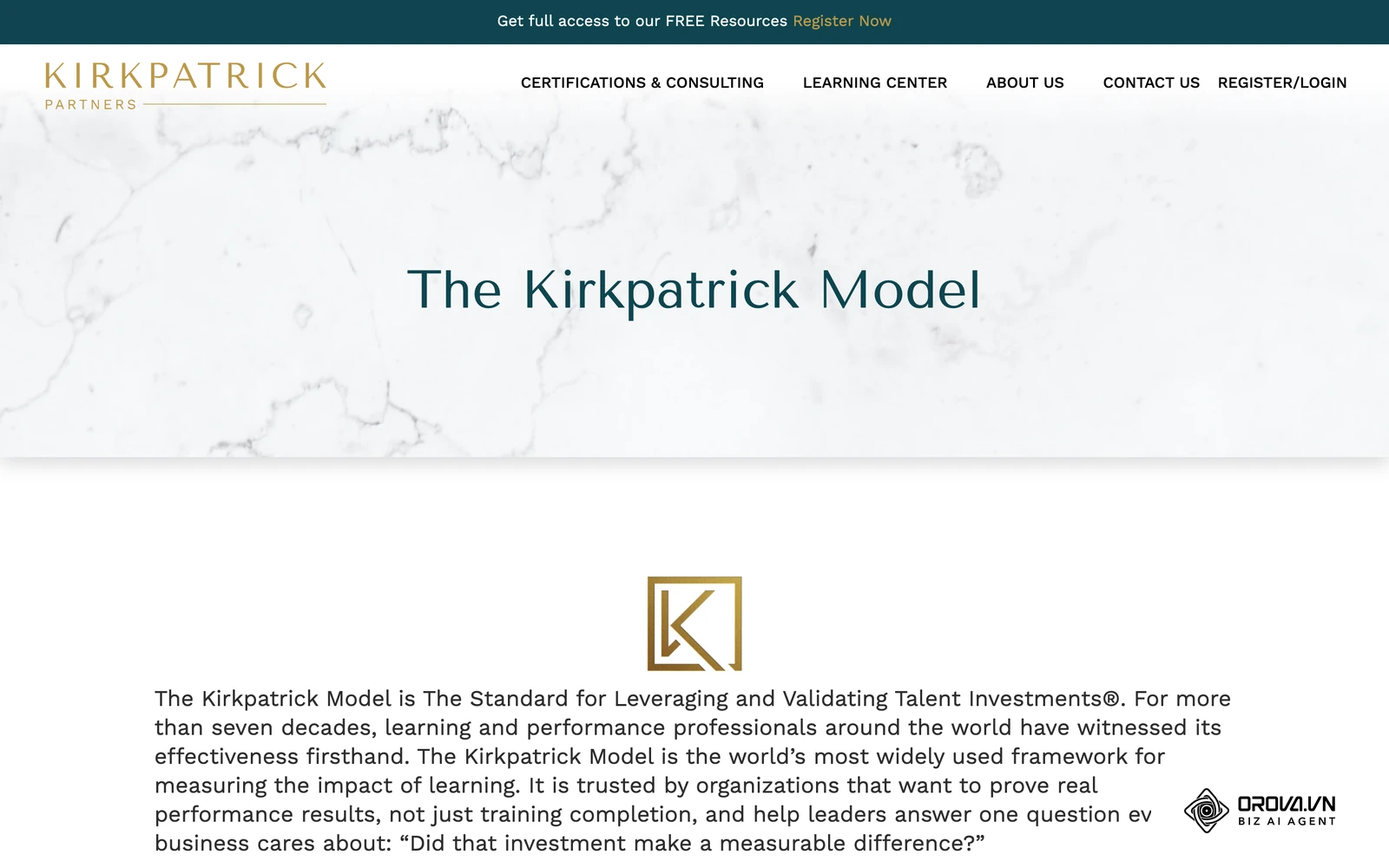 หน้าอธิบาย Kirkpatrick Model 4 ระดับจากเว็บไซต์ทางการของ Kirkpatrick Partners