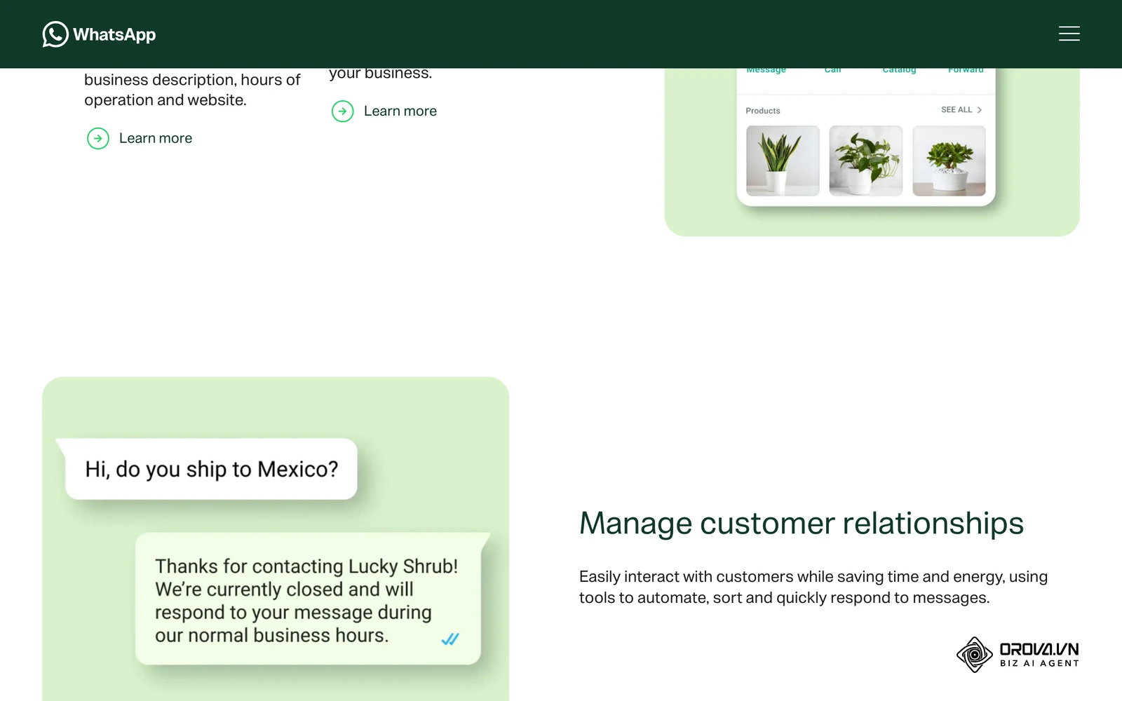 Halaman ciri WhatsApp Business, bahagian Manage customer relationships dengan contoh balasan automatik semasa kedai ditutup.