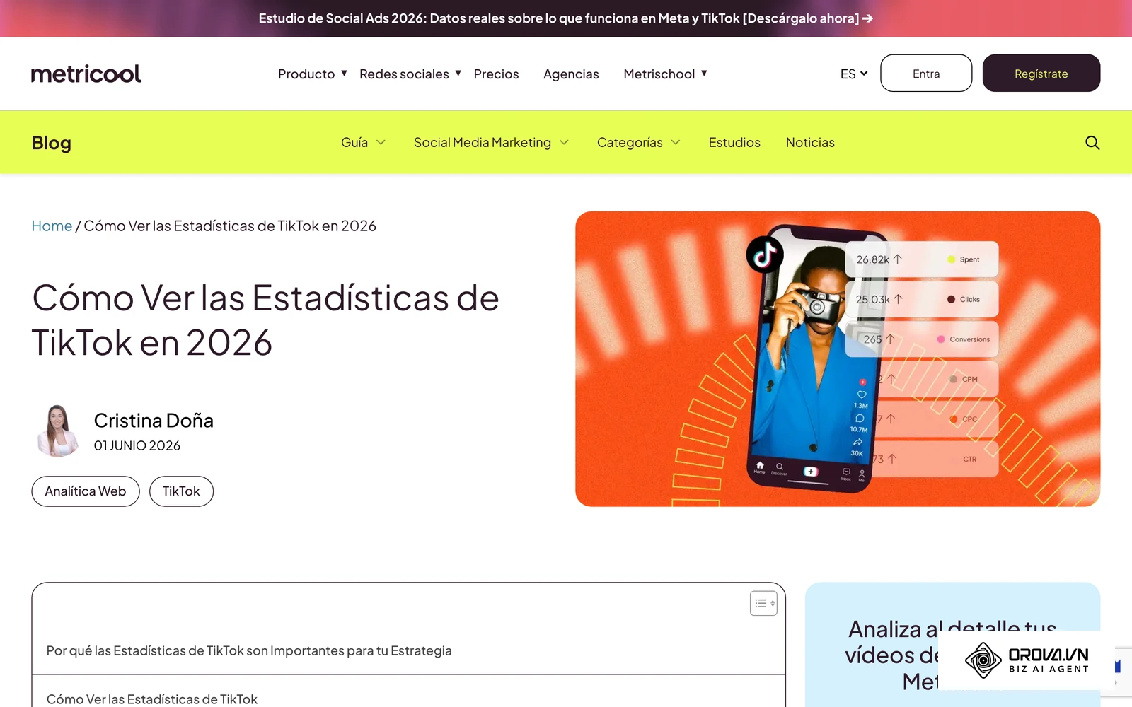 Página oficial de Metricool sobre la analítica de TikTok: métricas de cuenta y de cada vídeo.