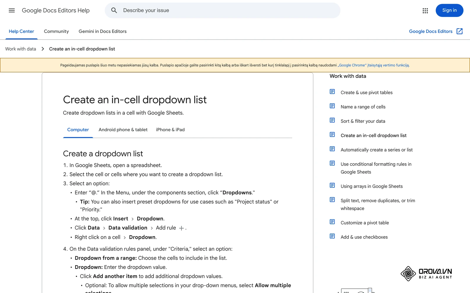 Oficialus „Google Sheets“ pagalbos puslapis apie išskleidžiamuosius sąrašus langeliuose – juo galima apriboti rubrikos balus reikšmėmis nuo 1 iki 5.