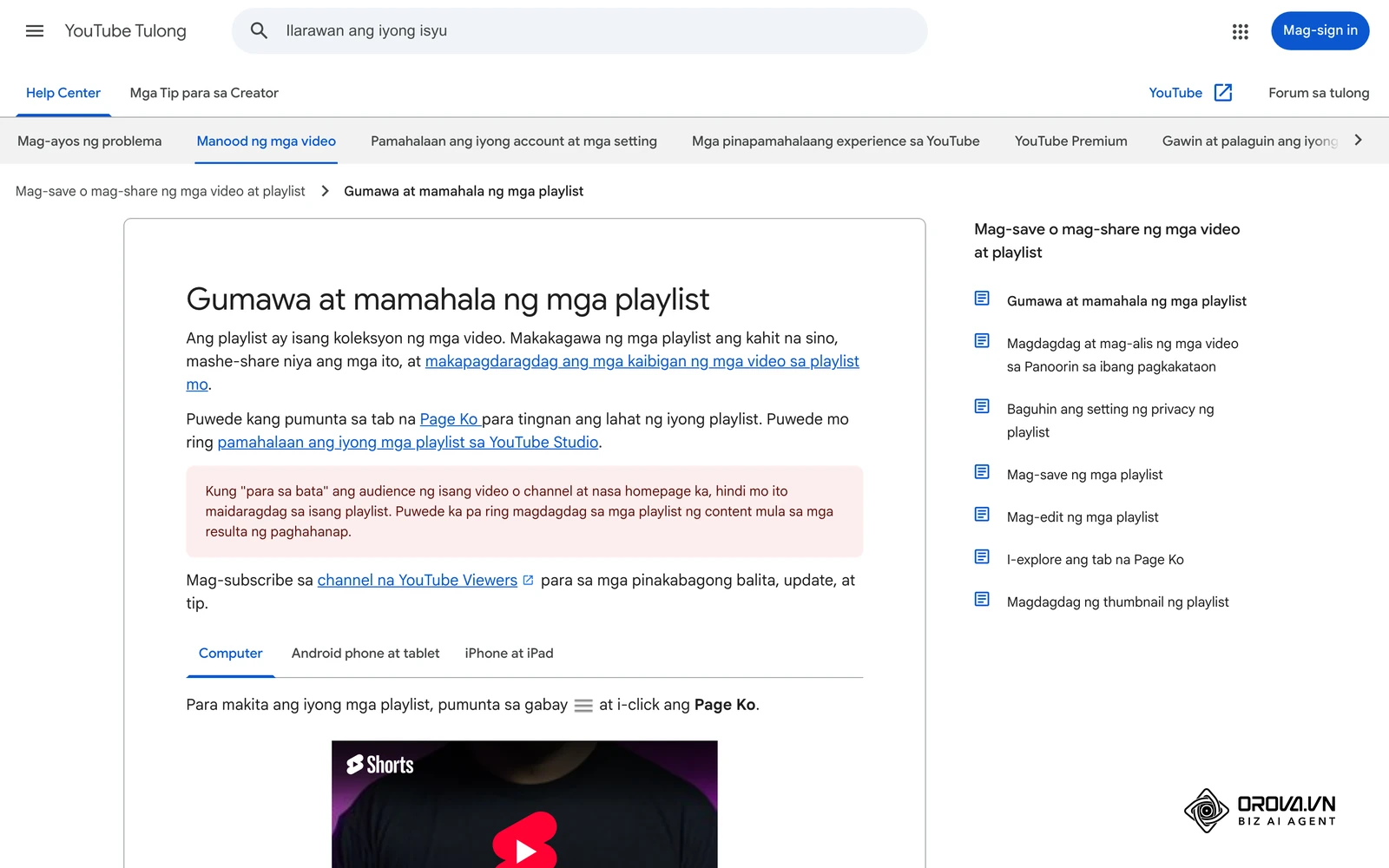 Opisyal na help page ng YouTube sa Filipino tungkol sa paggawa ng playlist, isang simpleng paraan para pagsunud-sunurin ang mga video lesson ng isang internal na kurso.