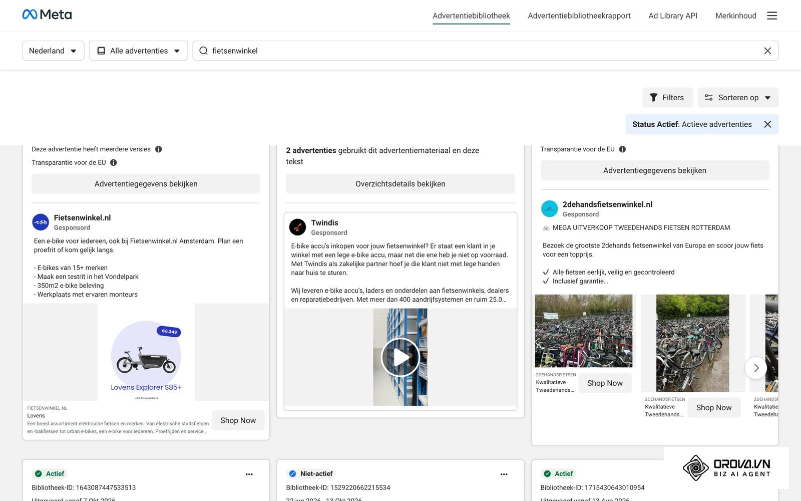 Concurrentieanalyse in de Meta Advertentiebibliotheek: actieve advertenties van Nederlandse fietsenwinkels, met platformen en startdatum.