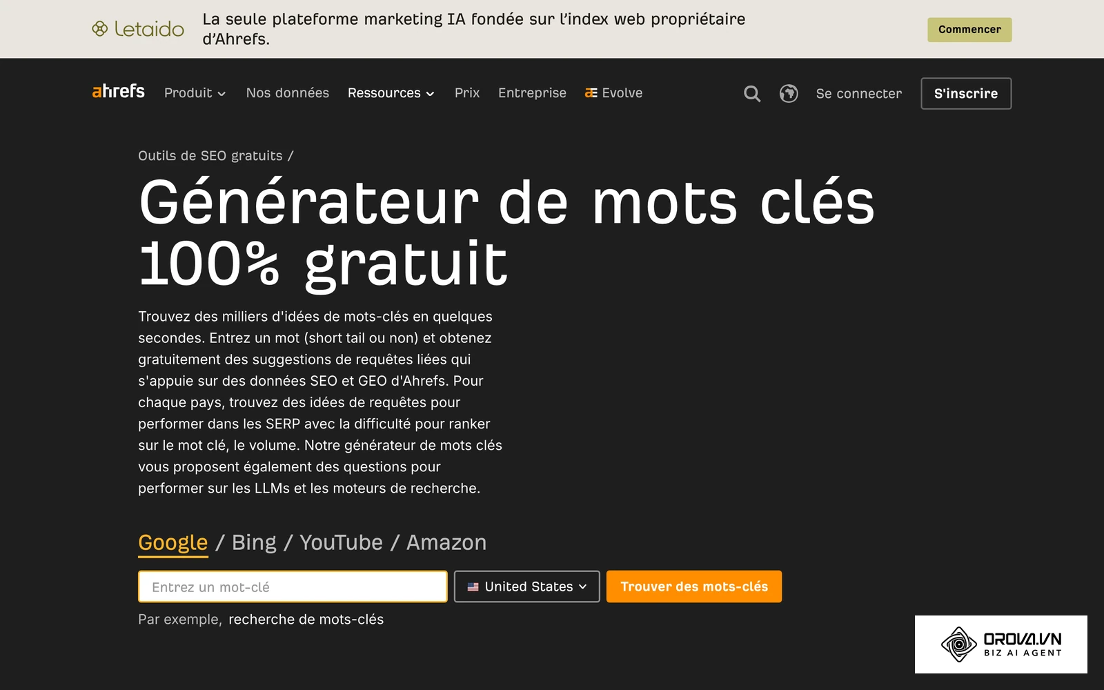 Le générateur de mots-clés gratuit d'Ahrefs aide à trouver des idées de mots-clés pour structurer vos grappes thématiques.