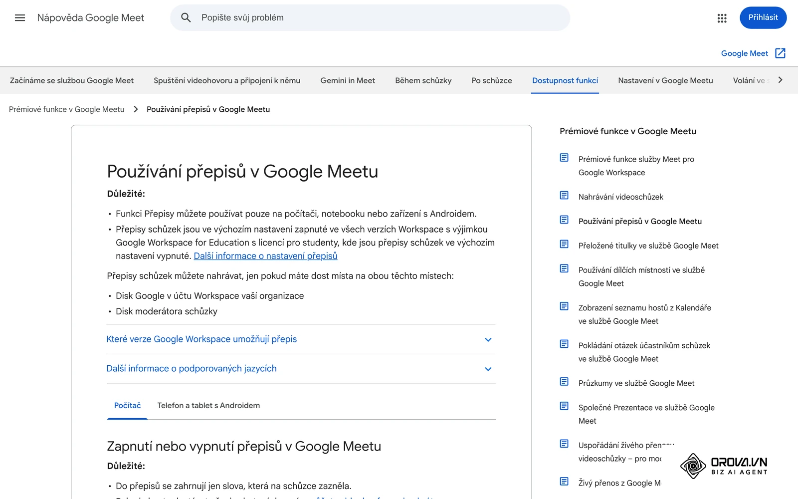 Oficiální nápověda Google Meet: jak zapnout přepis schůzky, který poslouží jako podklad pro zápis.