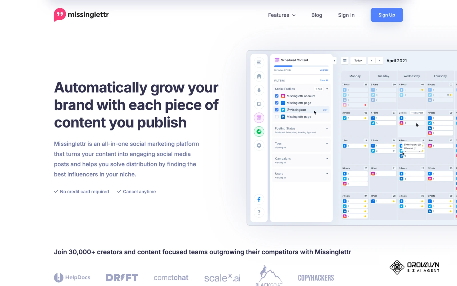 Missinglettr homepage, a tool that turns blog content into social campaigns.