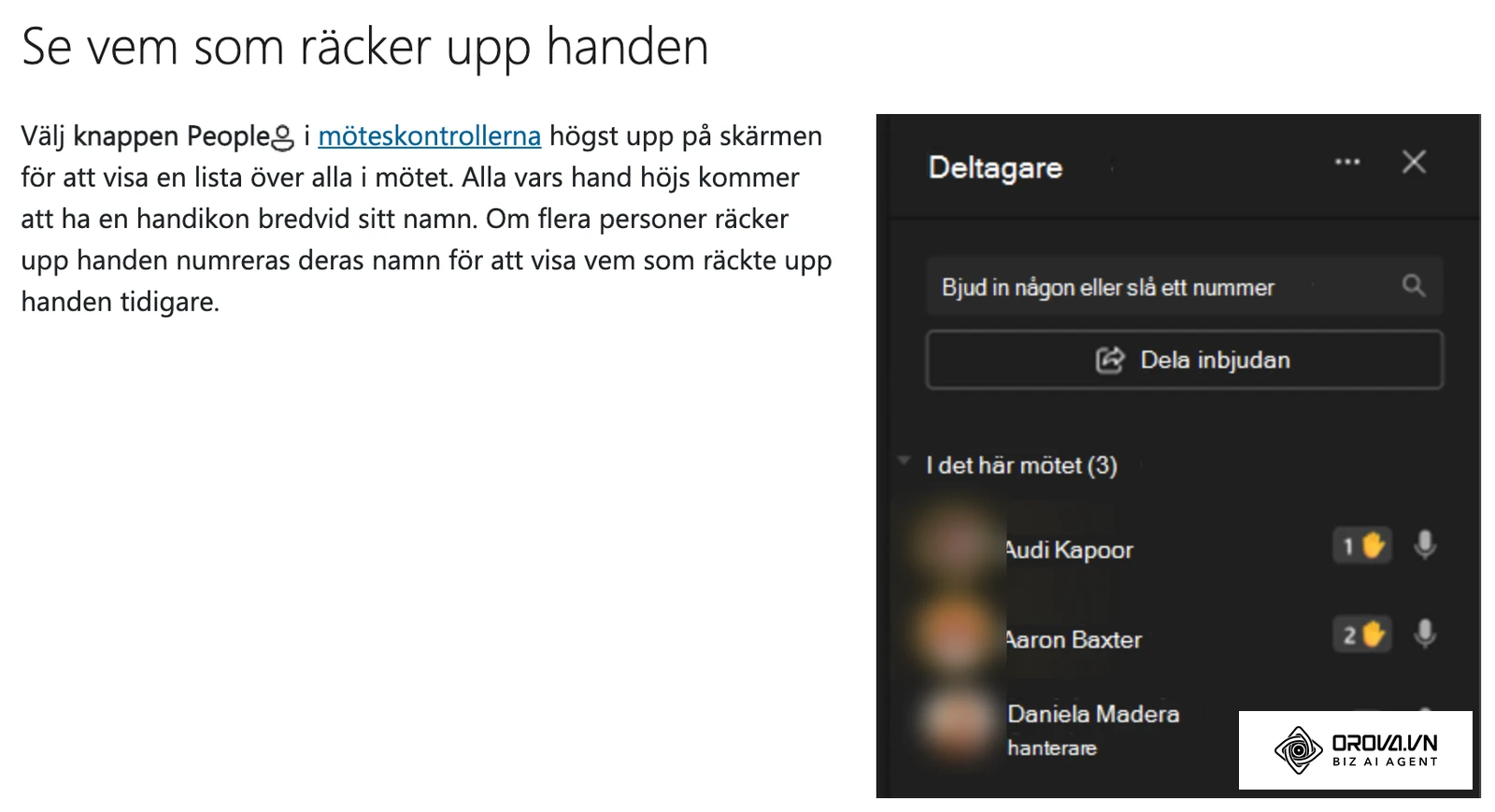 Utdrag ur Microsofts hjälpsida: deltagarlistan i ett Teams-möte visar vem som räckt upp handen och i vilken ordning (profilbilder suddade).