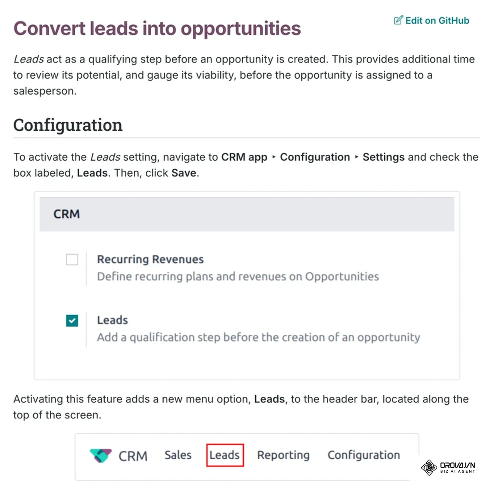 Документація Odoo CRM, сторінка Convert leads into opportunities: налаштування Leads додає етап кваліфікації перед створенням угоди.
