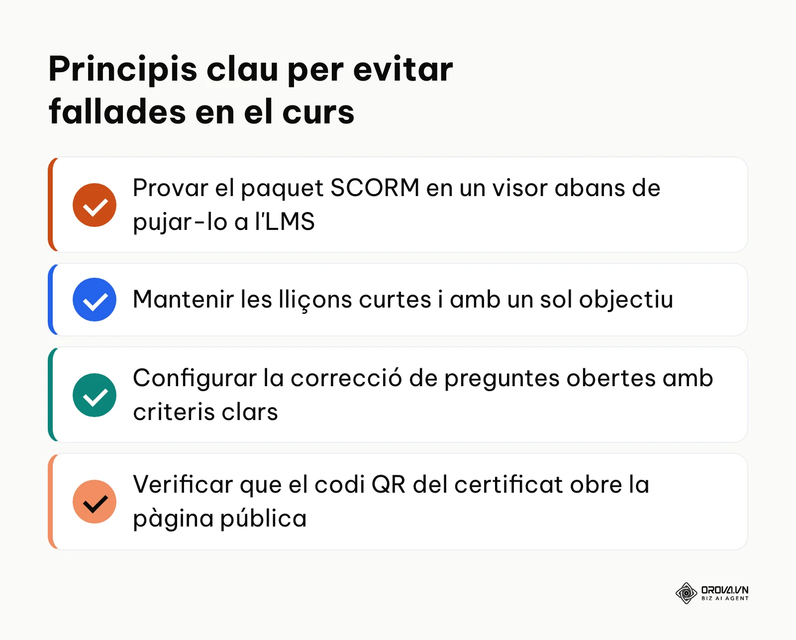 Llista de comprovació final per assegurar la qualitat tècnica i didàctica del curs online abans de la seva publicació.
