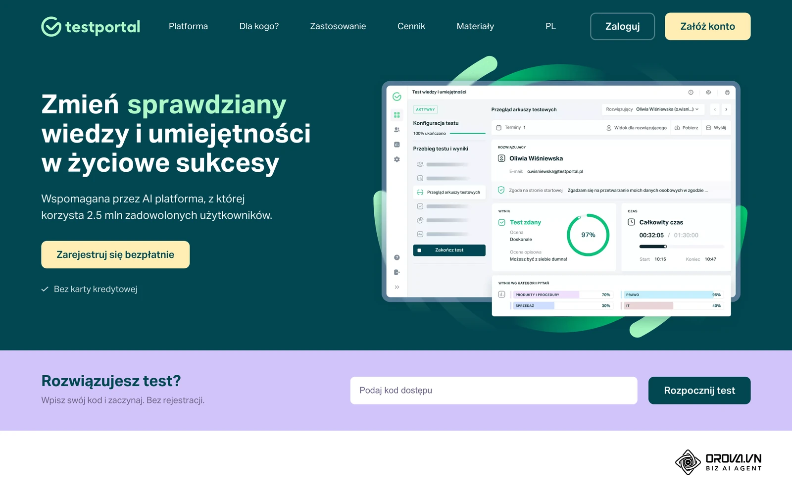 Strona Testportal z podglądem panelu testu wiedzy: konfiguracja testu, wynik procentowy i czas rozwiązania.