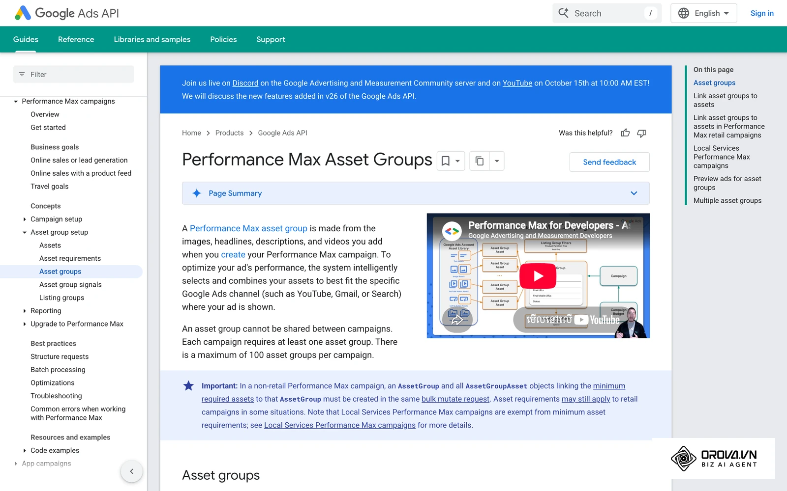 ឯកសារផ្លូវការរបស់ Google Ads API ពន្យល់រចនាសម្ព័ន្ធ Asset Group ក្នុង Performance Max