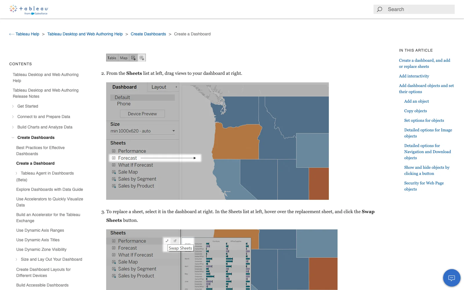Tableau resmi yardım sayfasında pano oluşturma ekranı: Sheets listesinden görünümler panoya sürükleniyor.