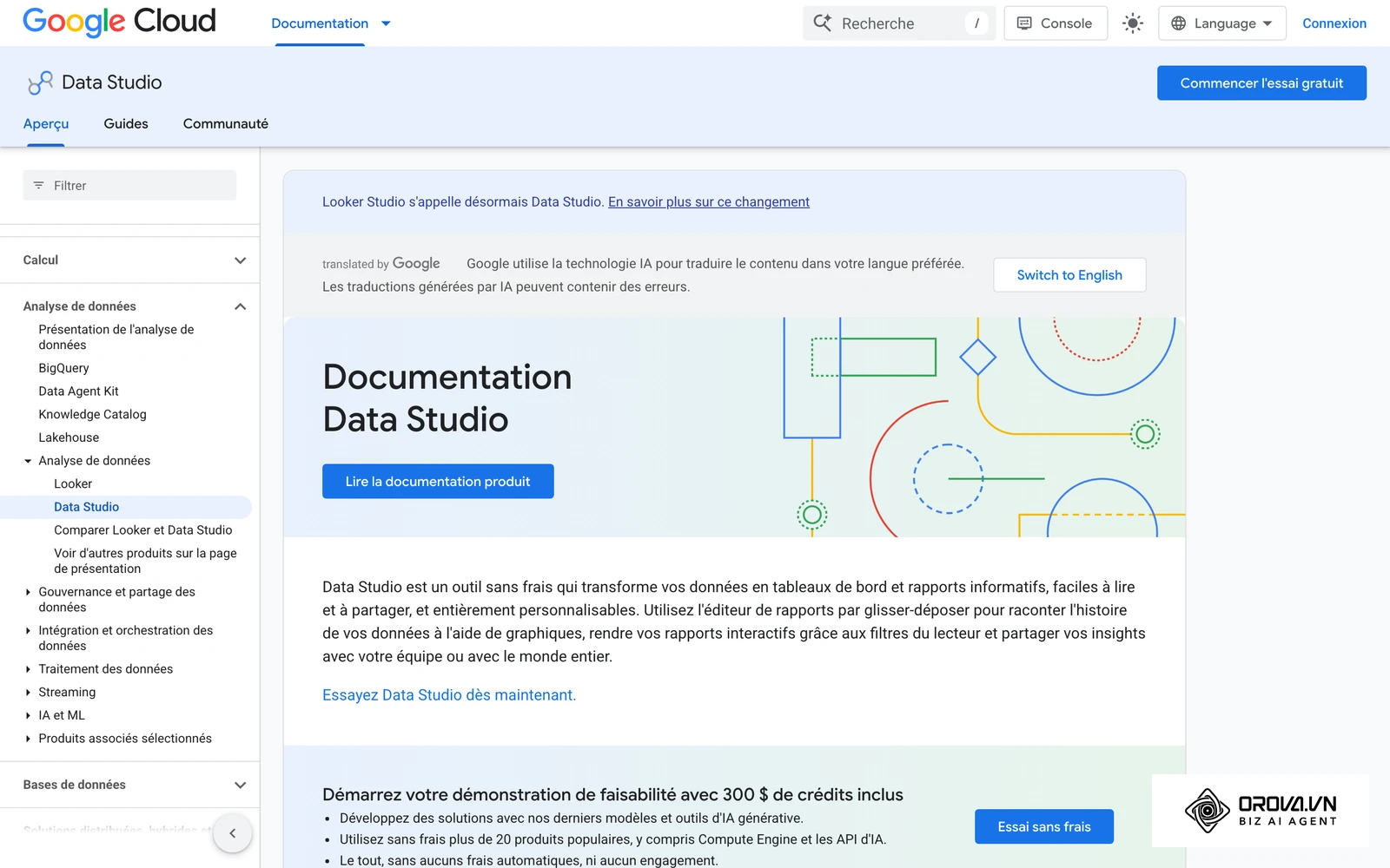 La documentation de Data Studio (anciennement Looker Studio), outil de visualisation pour consolider les rapports de performance publicitaire.