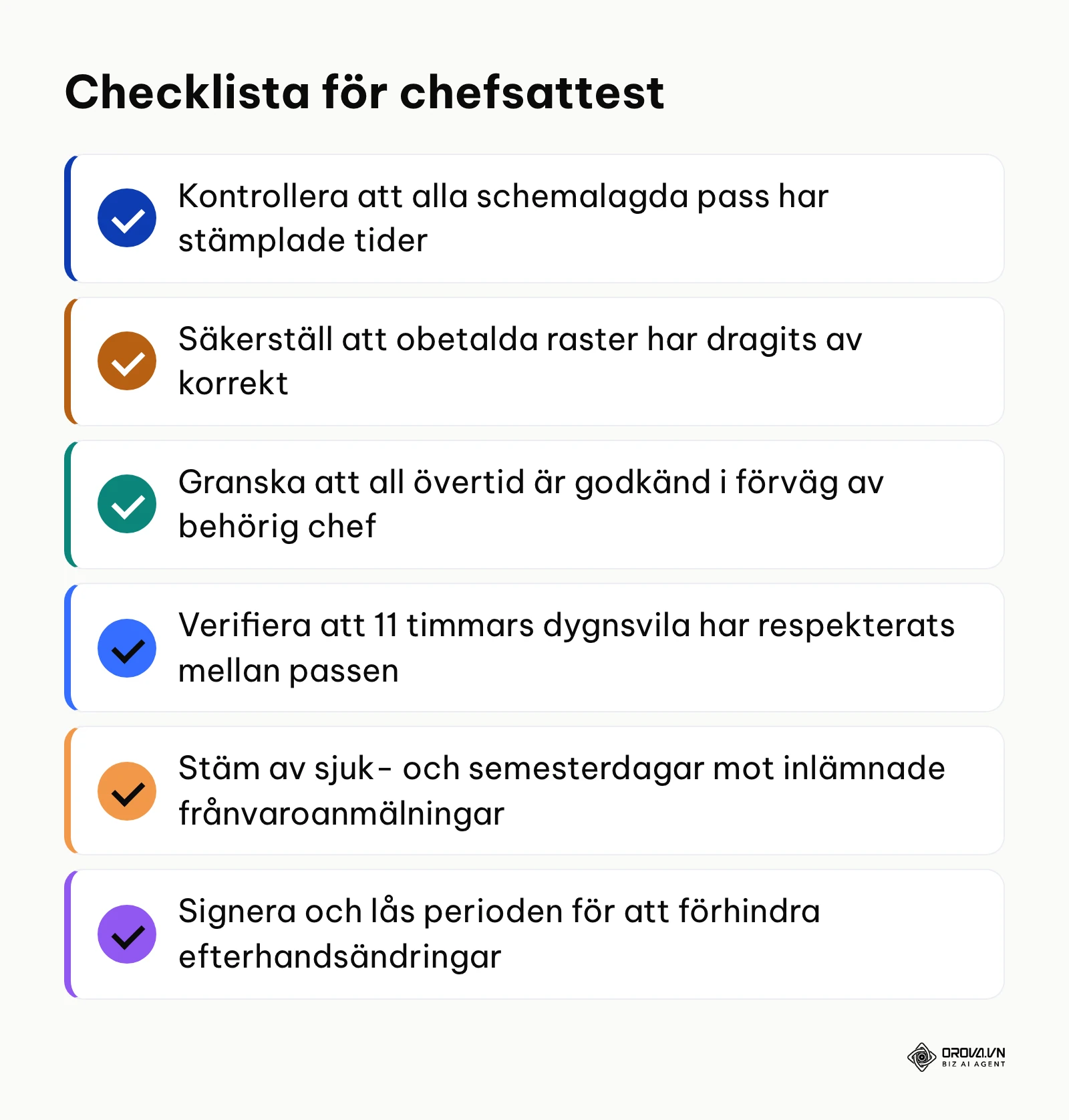 Sammanfattande kontrollista med sex punkter som arbetsledare ska verifiera vid månadens attest.