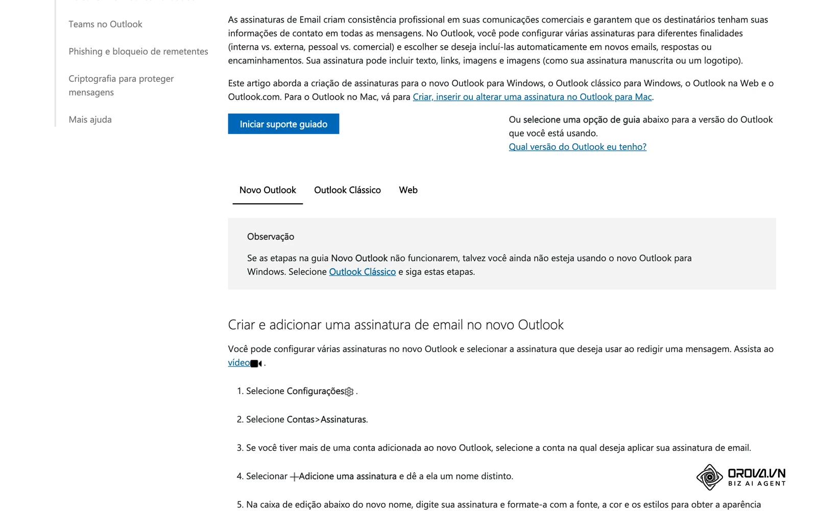 Passos oficiais da Microsoft em português para criar e adicionar uma assinatura de email no novo Outlook.