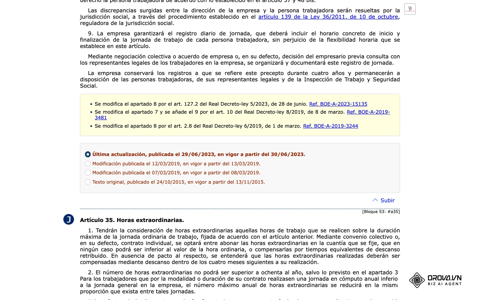 Apartat 9 de l'article 34 de l'Estatut dels Treballadors al text consolidat del BOE: registre diari amb hora d'inici i de finalització i conservació durant quatre anys.