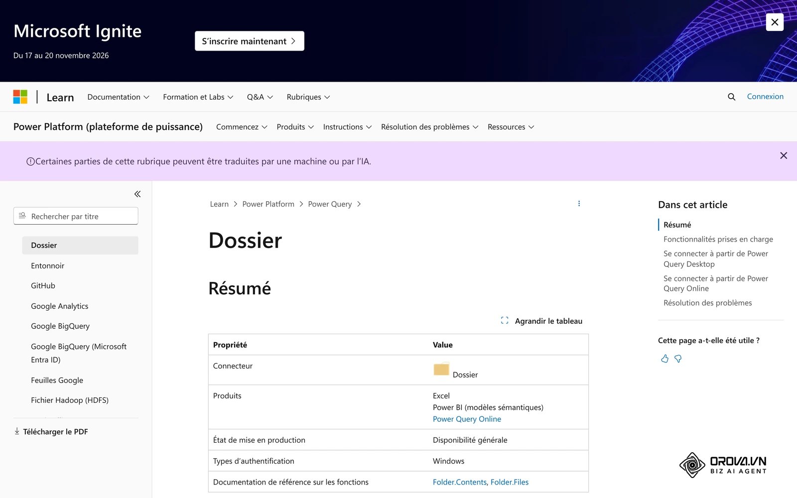 Documentation officielle Microsoft du connecteur Dossier de Power Query, utilisé pour fusionner les exports CSV.