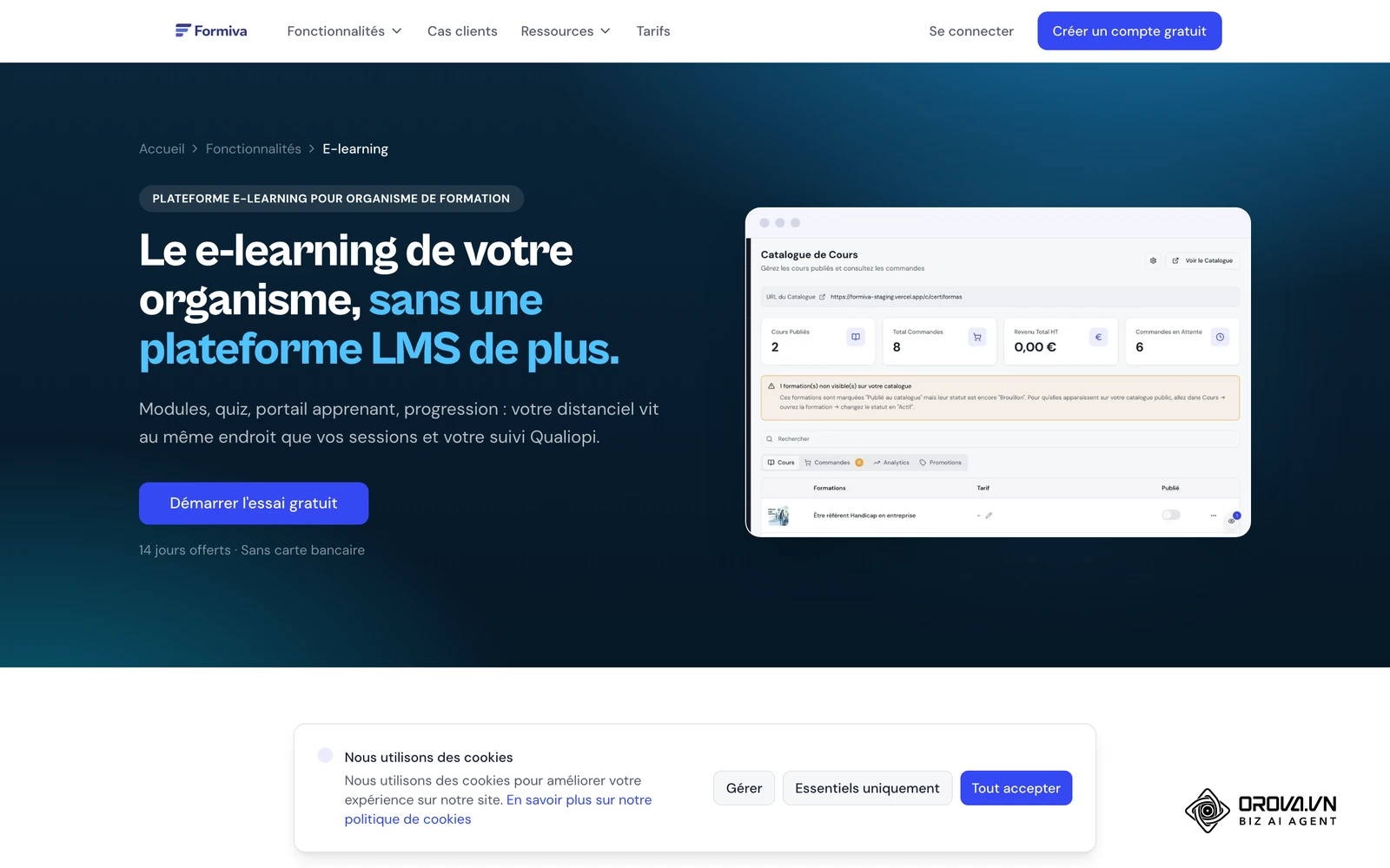 Page fonctionnelle e-learning de Formiva : interface de gestion de modules de formation en ligne.
