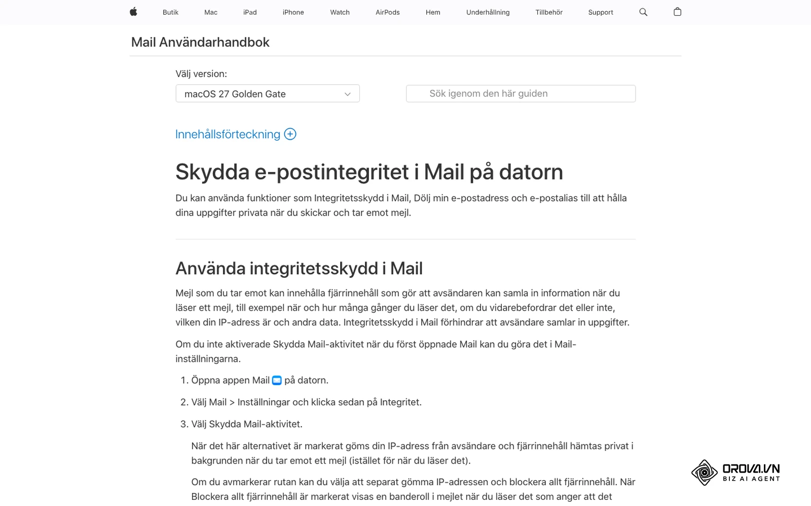 Apples hjälpsida om integritetsskydd i Mail: Skydda Mail-aktivitet hämtar fjärrinnehåll privat i bakgrunden, vilket blåser upp öppningssiffror.