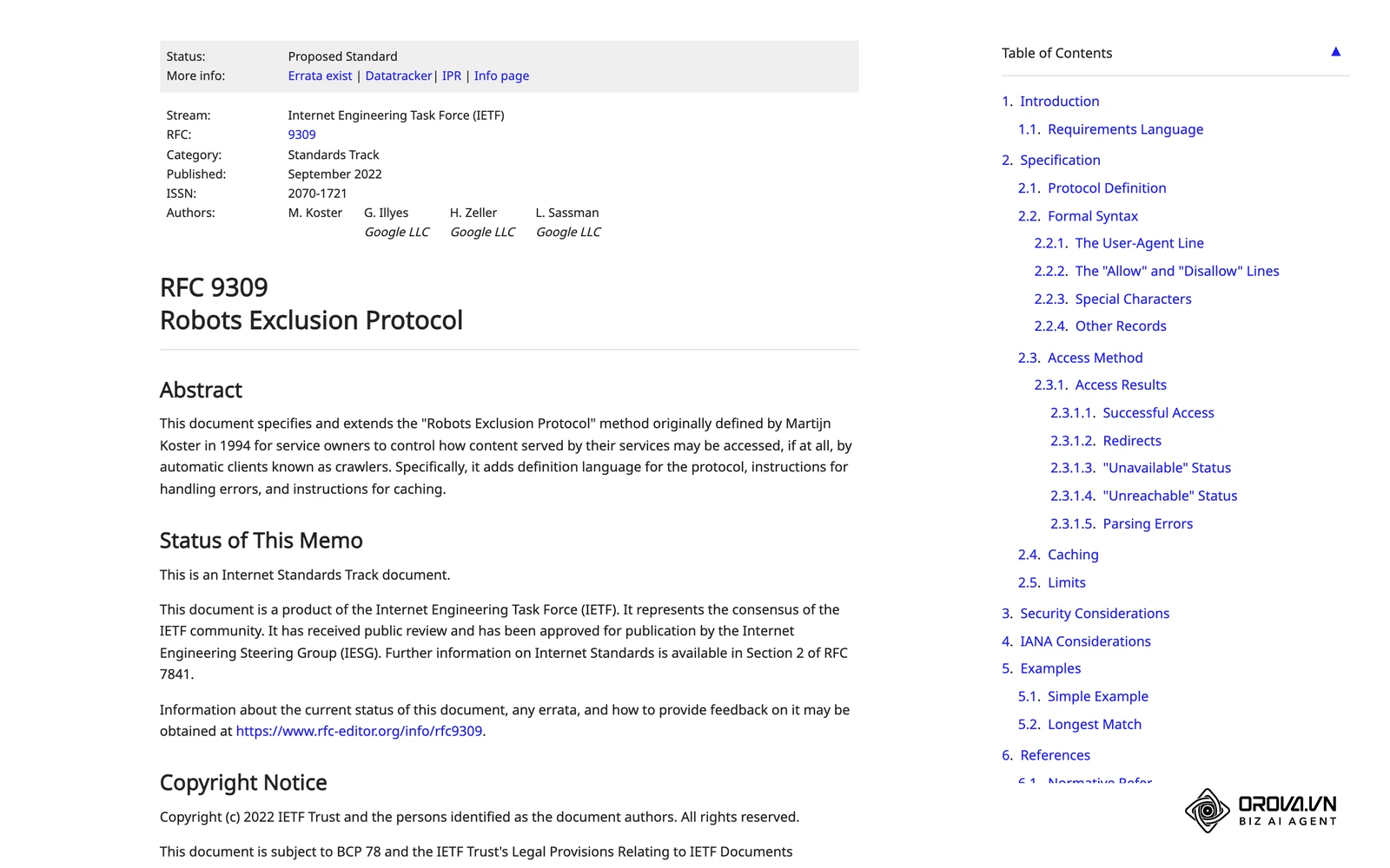 The IETF RFC 9309 document that officially standardizes the Robots Exclusion Protocol.