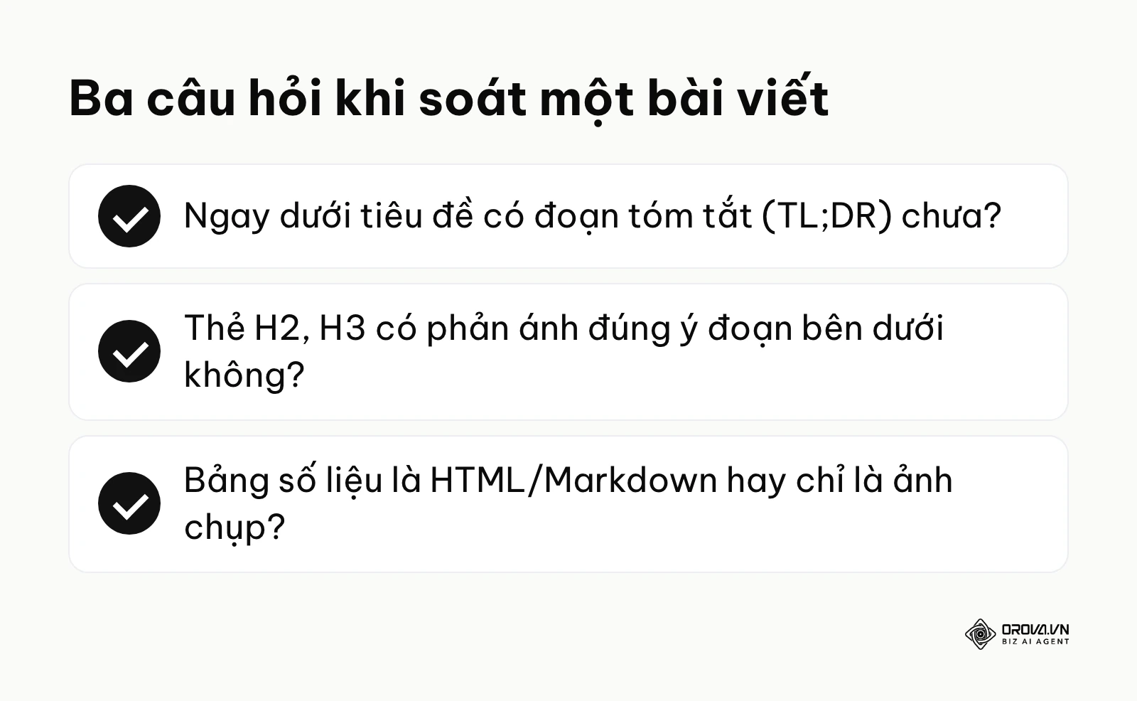 Bảng kiểm 3 câu hỏi khi soát nội dung: có tóm tắt đầu bài, heading đúng ý, bảng số liệu không phải ảnh chụp.